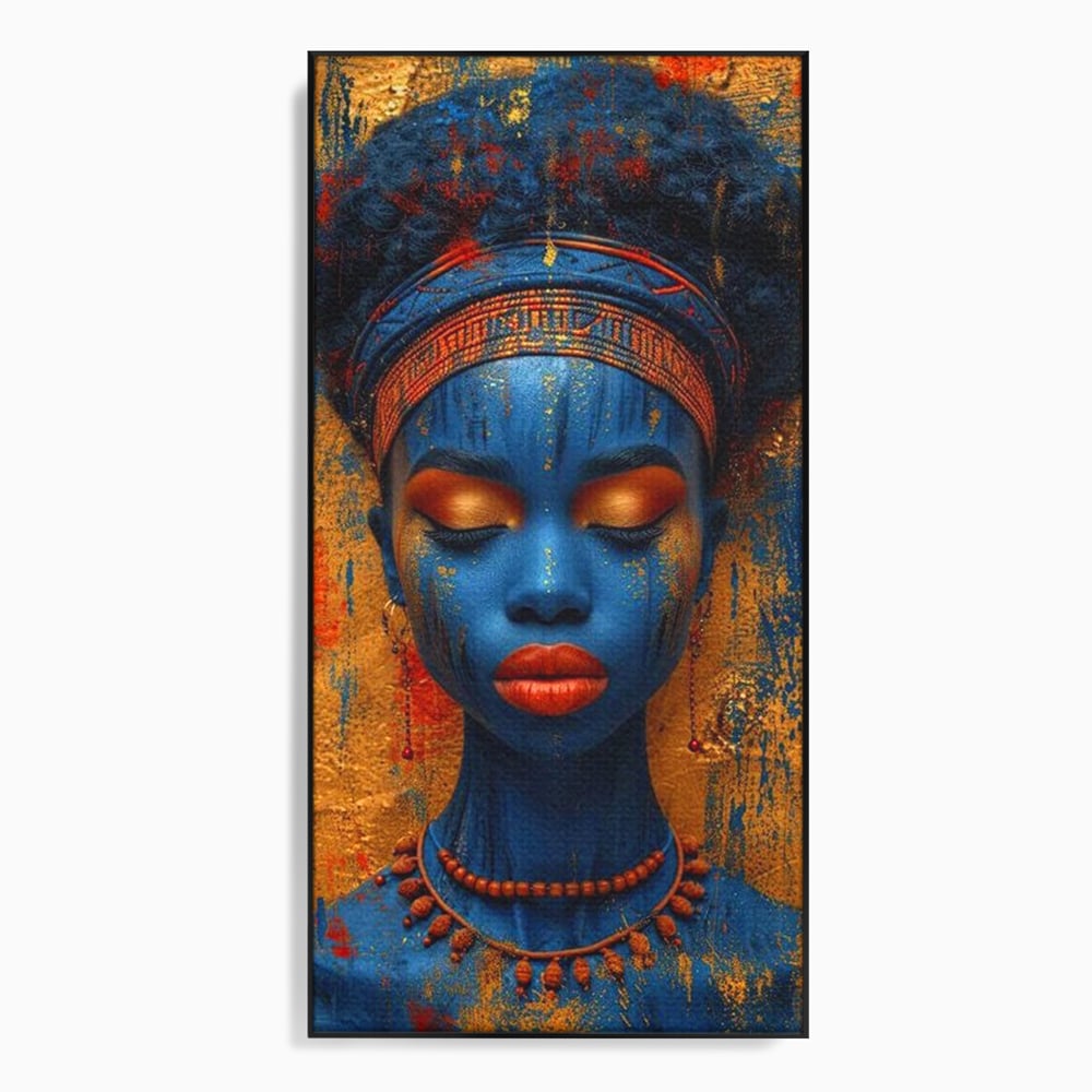 Tablou canvas cu portret de femeie cu piele albastra, in rama de aluminiu negru